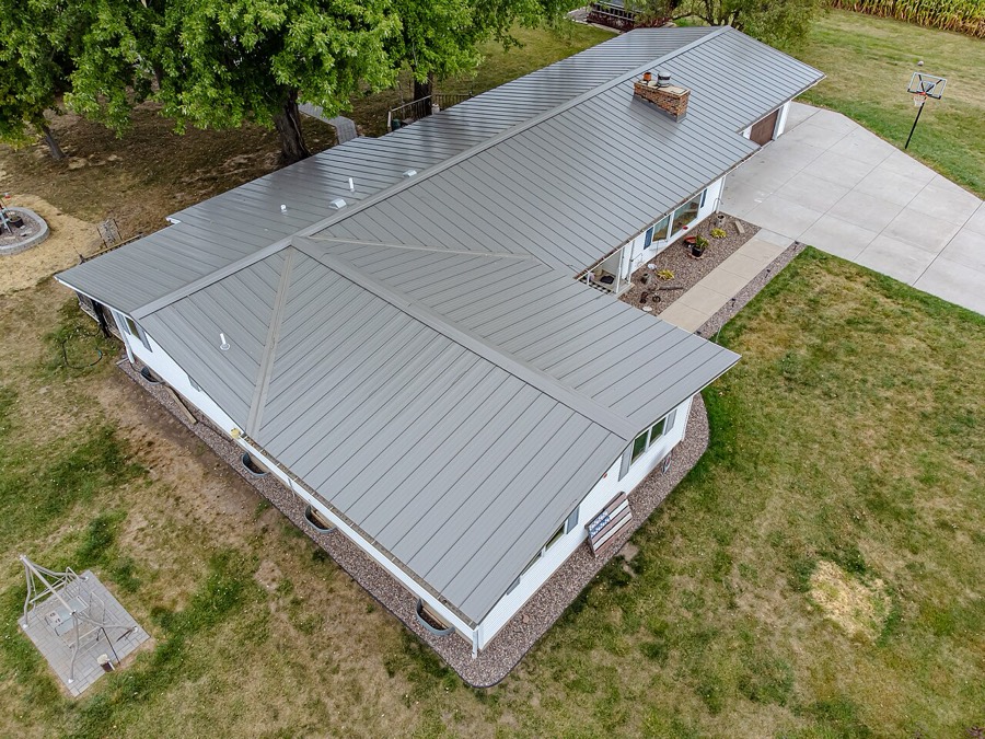 Aerial view of a new standing-seam metal roof