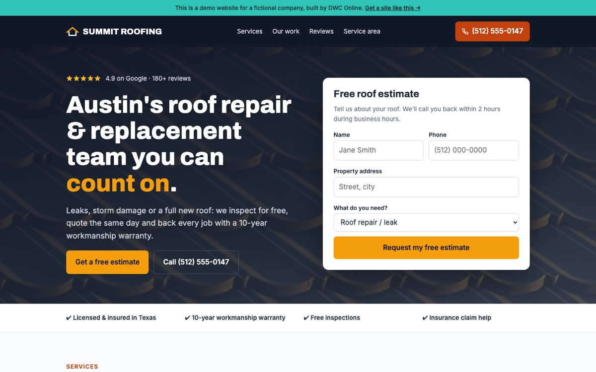 Screenshot of the Summit Roofing demo website